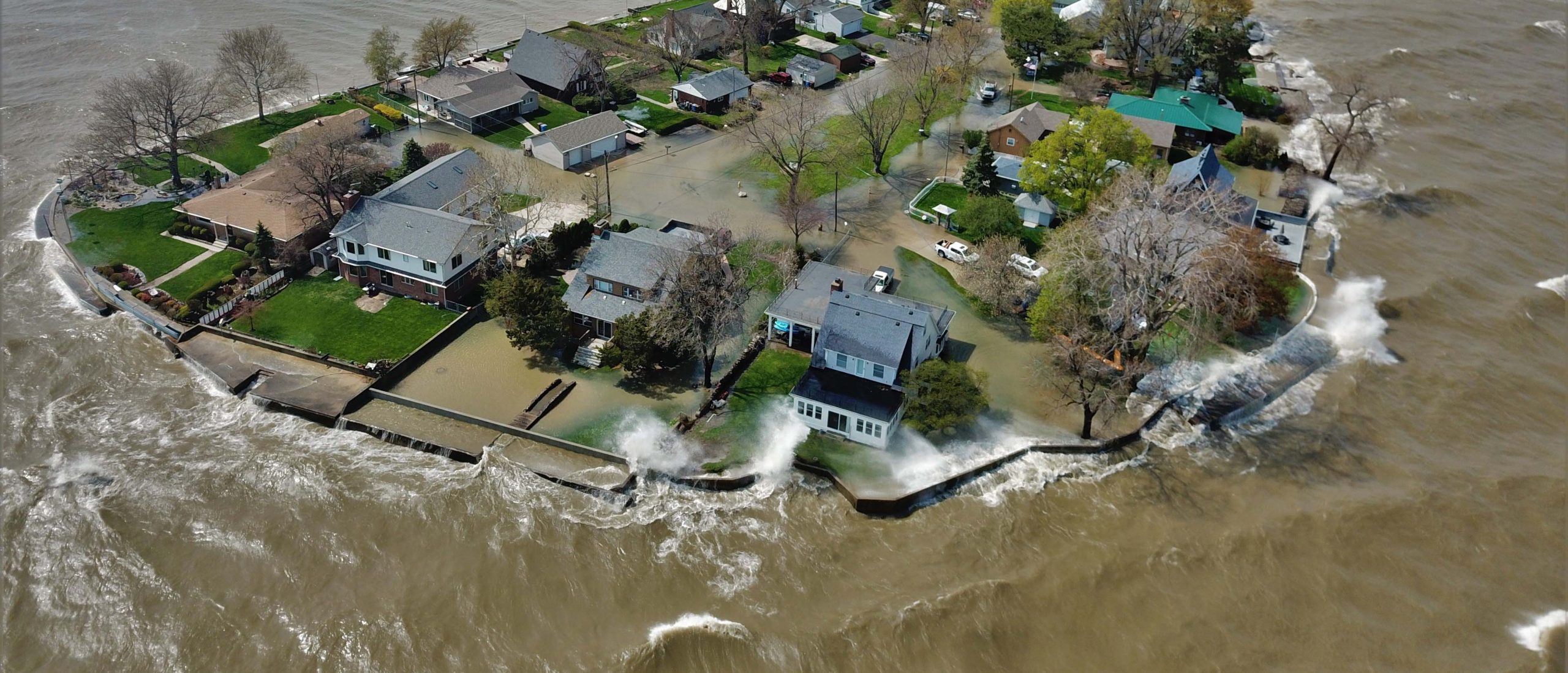 High water threatening suburban homes.