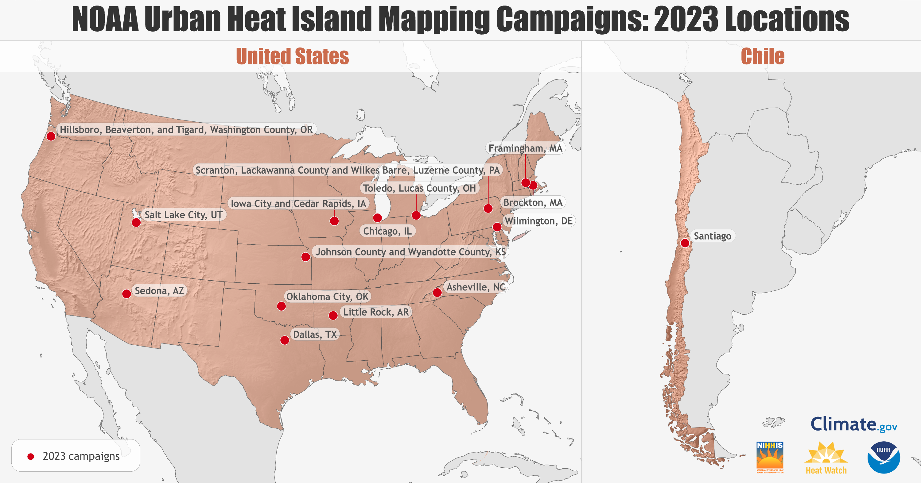 Map showing urban heat islands in multiple cities and counties in 14 states this summer and in one international city, Santiago, Chile. Since 2017, NOAA and its science partner, CAPA Strategies, have worked with more than 70 communities to create heat island maps that can be used to inform cooling strategies.